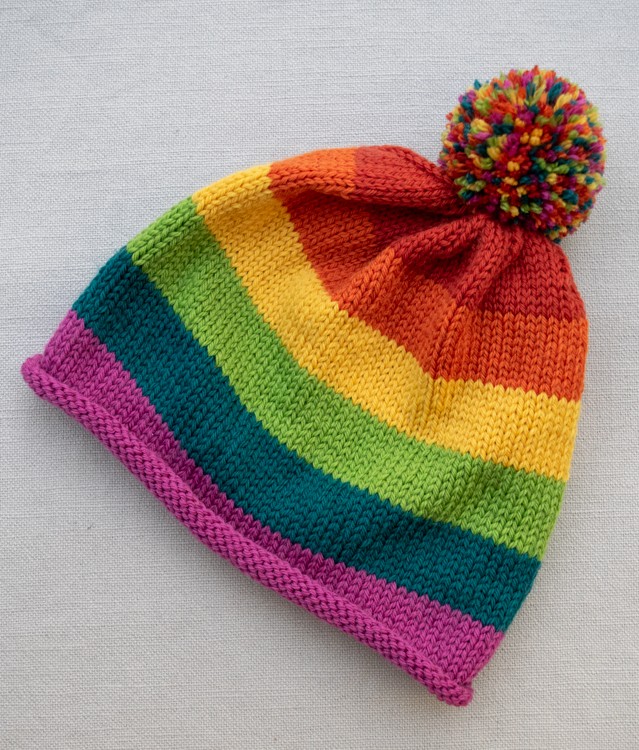 Rainbow Knit Beanie with Pompom
