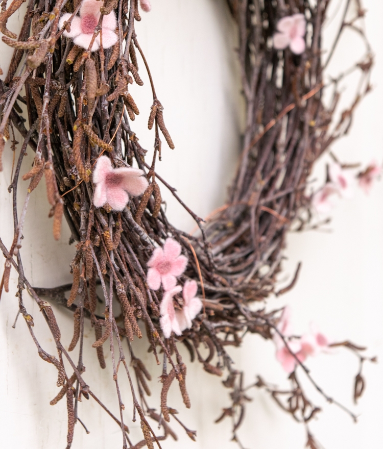 DIY Spring Wreath Birch Branches Closeup of Felt Flowers